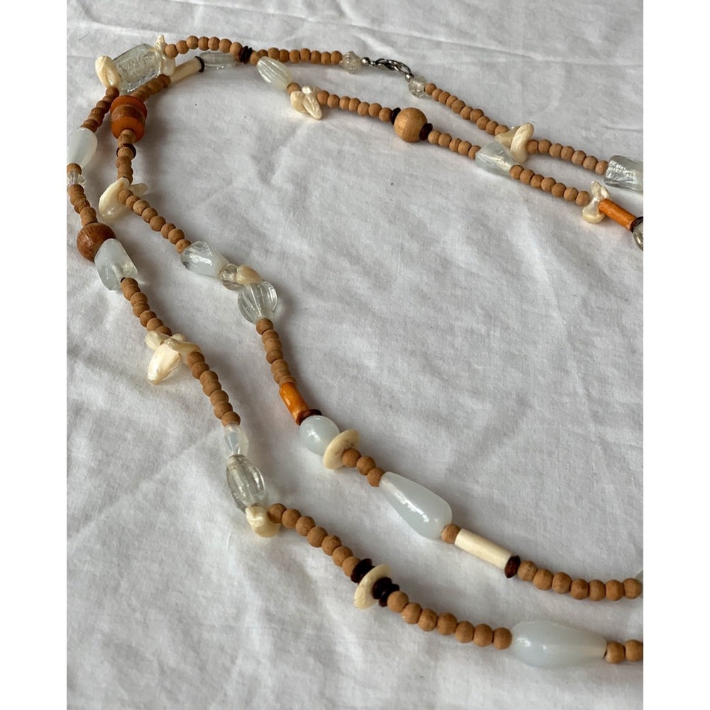 Long wood and glass beaded necklace